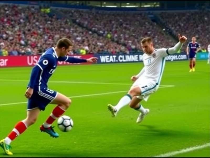 Soccer ball placed on the center spot for a kick off with players in position