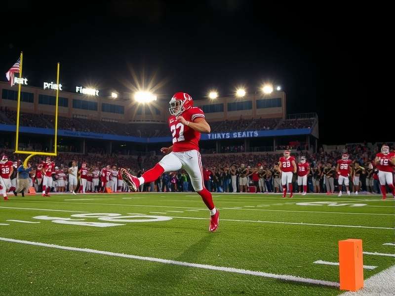 Dramatic moment of a football kick off at night under bright stadium lights