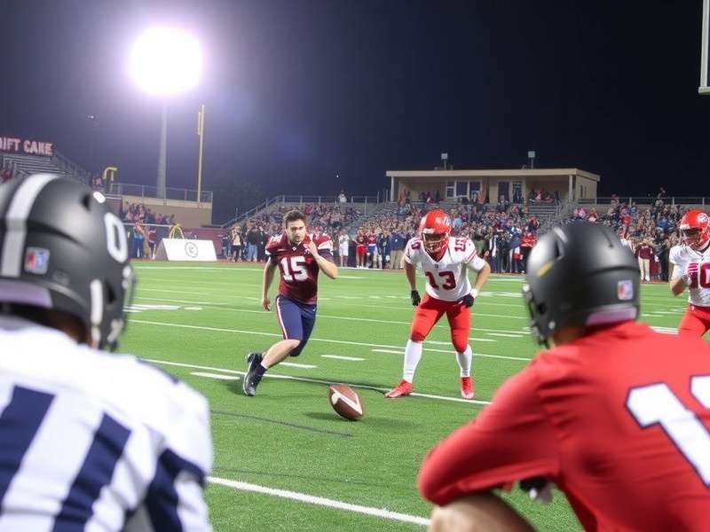 American Football kickoff moment with ball in air and players running