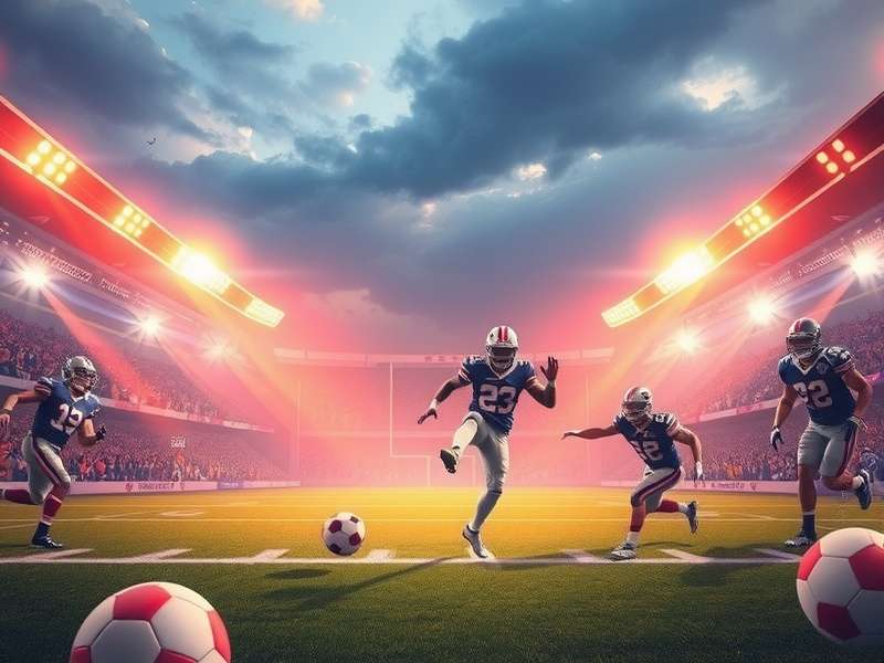 Aerial view of a football stadium during a kick off, showing player formations