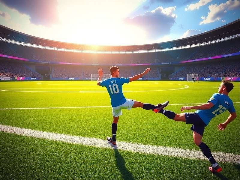 Dramatic football kick off moment with players rushing forward