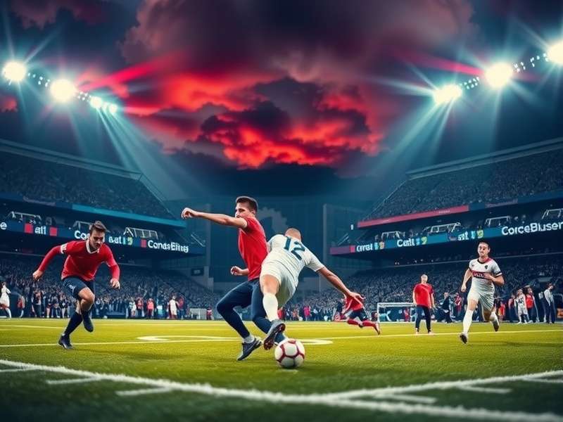 Football stadium floodlights illuminating the pitch at kick off time tonight