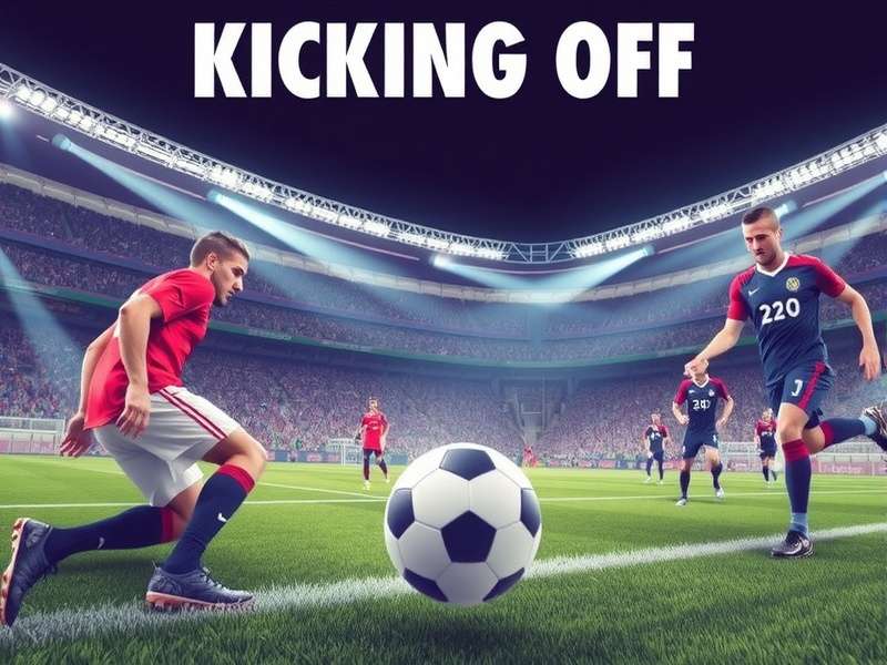 Football kick off moment with players ready on the field under stadium lights