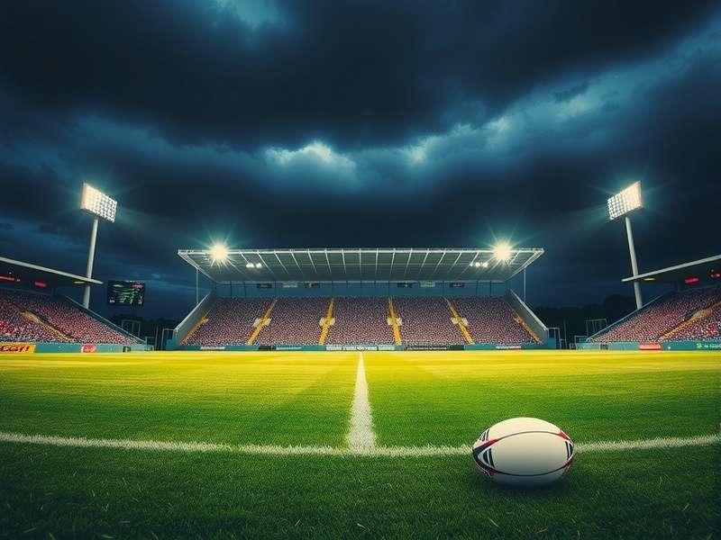 Rugby players at kick-off moment under floodlights
